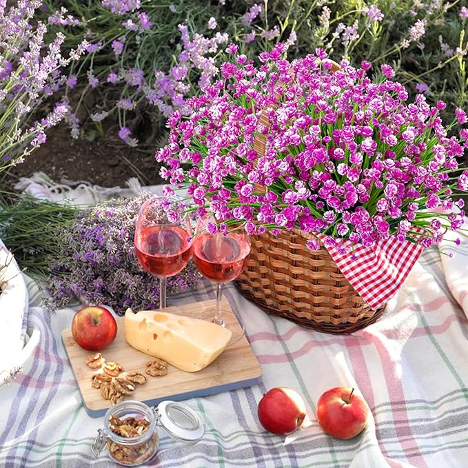 Ouddy Decor 12 Bundles Artificial Flowers for Outdoors UV Resistant Fake Plastic Plants Faux Greenery Stems for Spring Summer Indoor Garden Patio Window Box Kitchen Home Decor, Fuchsia