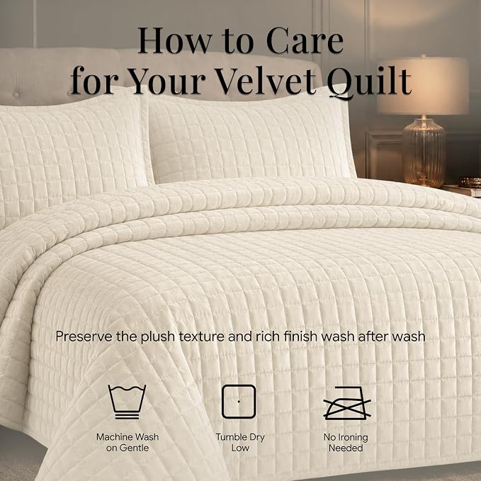 Tribeca Living Luxury Velvet Quilt King Size Set - 260GSM Ultra-Soft Oversized Velvet Bedspread Comforter Set with 2 Shams, in Florence Ivory