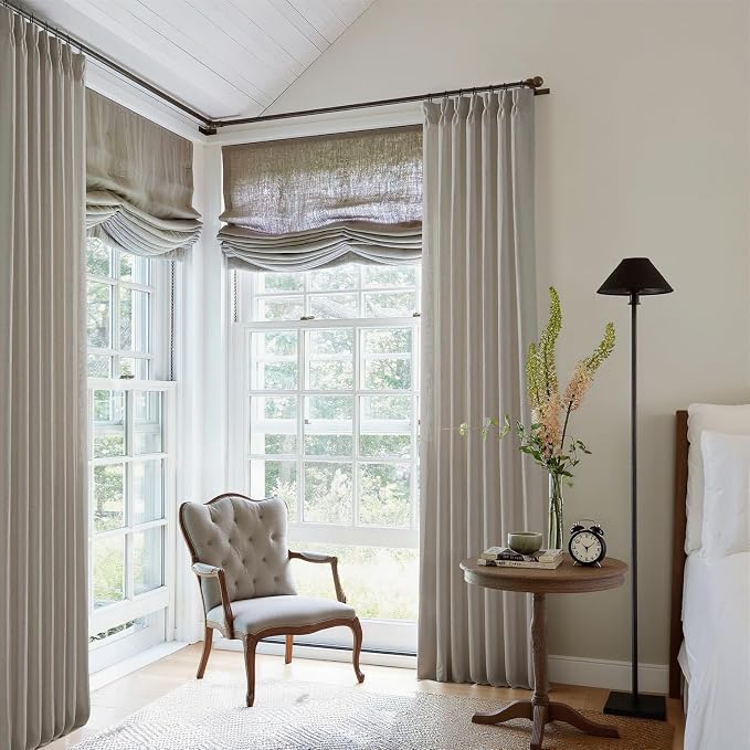 Pinch Pleated Linen Curtains 132 Inches Long for Living Room 2 Panels Set Greyish Beige Flax Double Pleated Drapes Back Tab Farmhouse Ceiling Floor 132 Inch Window Curtains Bedroom Burlywood Birch