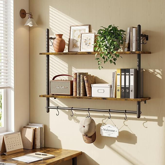 Merapi Industrial Pipe Floating Shelf with Towel Bar & Hooks - 31.5" Wall Mounted Kitchen, Bathroom, Coffee Bar Shelf - Modern Farmhouse Wood & Metal Shelves with 8 S-Hooks