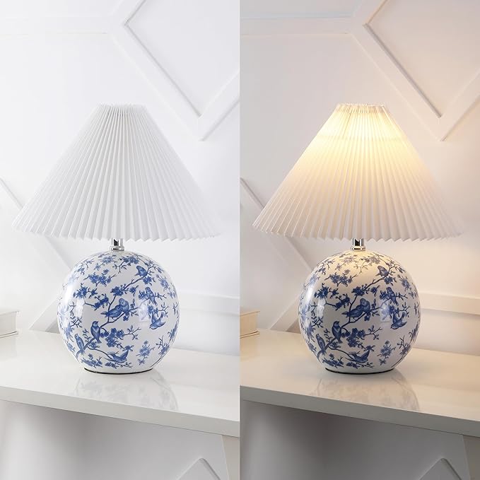 JONATHAN Y 19.5" White/Blue Shishen Chinoiserie Ceramic Table Lamp, Traditional Hand-Painted Floral Cottage Lamp with White Pleated Linen Shade, LED Bulb Included (JYL5056B)
