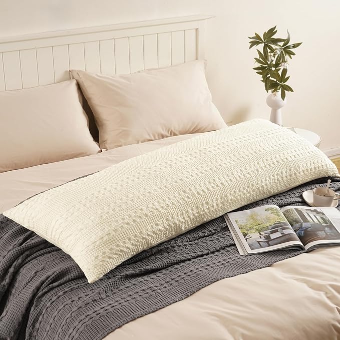 PHF Waffle Weave Body Pillowcase with Zipper, 1 Pack 100% Cotton 20" x 54" Pillow Sham, No Insert, Soft & Breathable Pillow Case, Aesthetic Woven Body Pillow Cover for Bedroom Decor, Cannoli Cream
