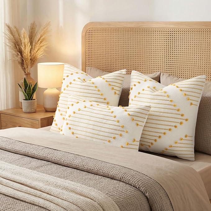 Mecatny Boho Outdoor Throw Pillow Covers 18X18 Set of 2, Farmhouse Decorative Pillow Covers for Couch Sofa Living Room, Yellow & White