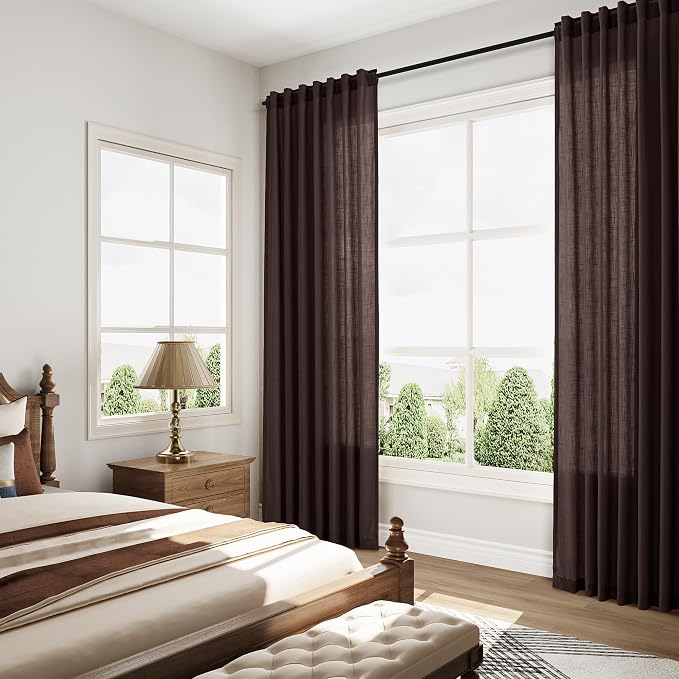 Nanspring Linen Curtains 84 Inch Long for Living Room Back Tab Light Filtering Drapes for Bedroom Office Window Protect Privacy Modern Farmhouse Decor 2 Panels 52x84, Coffee Brown