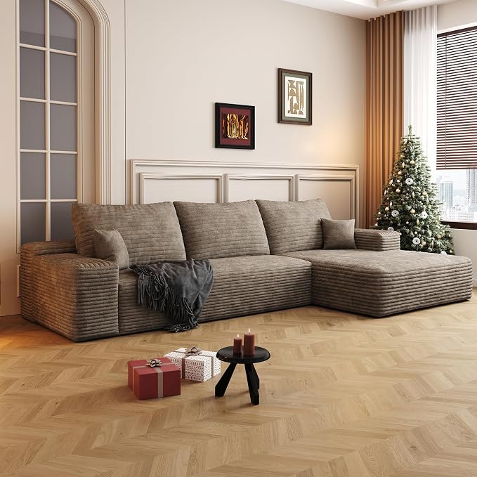 107" Oversized L Shaped Couch with Chaise, Minimalist Compressed Boneless Couch No Assembly Required, Modular Cloud Sectional Sofa for Living Room Bedroom, Right Facing Chaise, Plush Corduroy, Camel
