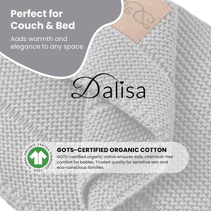 Dalisa 100% Organic Turkish Cotton Throw Blanket - GOTS Certified, Cozy - Perfect for Couch, Bed, and Home Decor - Boho Vintage Knit Alina (Dark Grey, 50x60)