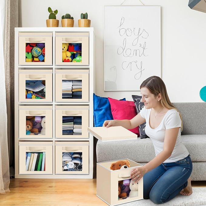 Threehoney 10 Pcs Fabric Storage Cubes with Lids and Clear Windows 11x11 Inch Foldable Closet Organizer Bins Aesthetic Boho Beige Storage Bins for Shelves Dorm Essentials Craft & Farmhouse Decor