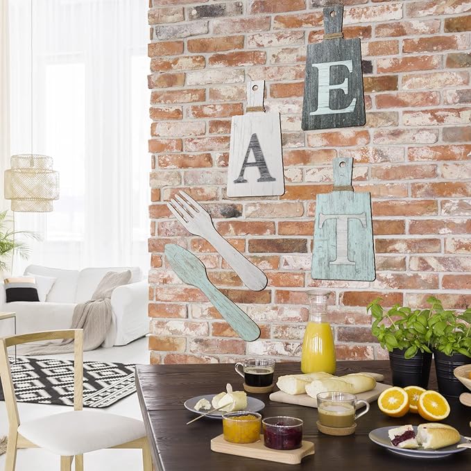 Jetec Cutting Board Eat Sign Set Hanging Art Kitchen Eat Sign Farmhouse Fork and Spoon Wall Decor Rustic Primitive Country Kitchen Decor for Home over Cabinet Decoration(Gray, White, Blue)