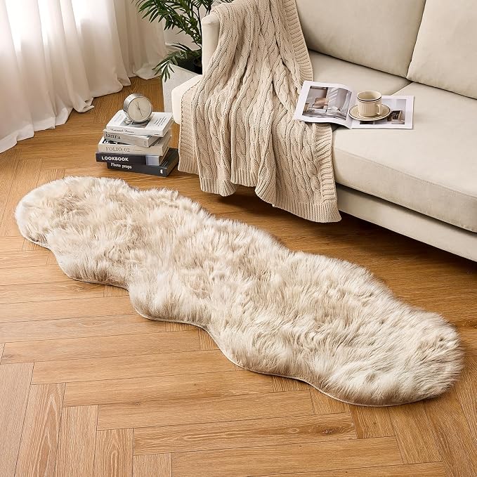 MIULEE Luxury Super Soft Fluffy Area Rug Faux Fur Sheepskin Rug Decorative Plush Shaggy Carpet for Bedside Sofa Floor 2 x 6 Feet, Beige