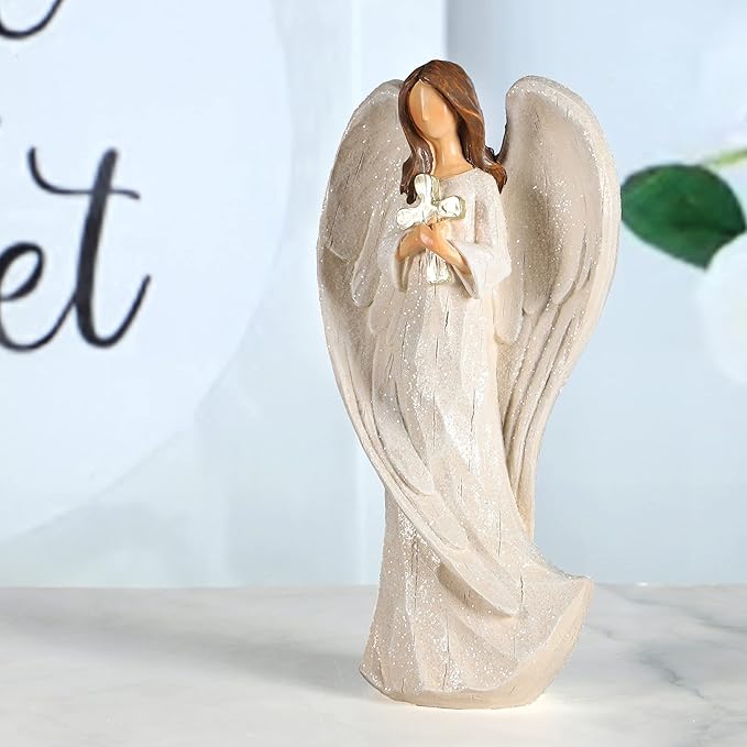 Hodao Cross Angel Figurine Gift, Hand-Painted Resin Guardian Angel Holding Cross, All-Season Meaningful Gift for Mom, Valentine’s Day Love, Easter Blessings & Year-Round Home Decor