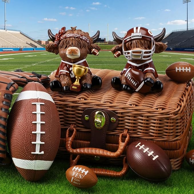 Wesiti 2 Pcs Football Highland Cow Figurines Resin Sport Ornament Set, Cute Bull Statue with Helmet and Trophy, American Football Fan Gifts for Players Coaches Team Table Decor