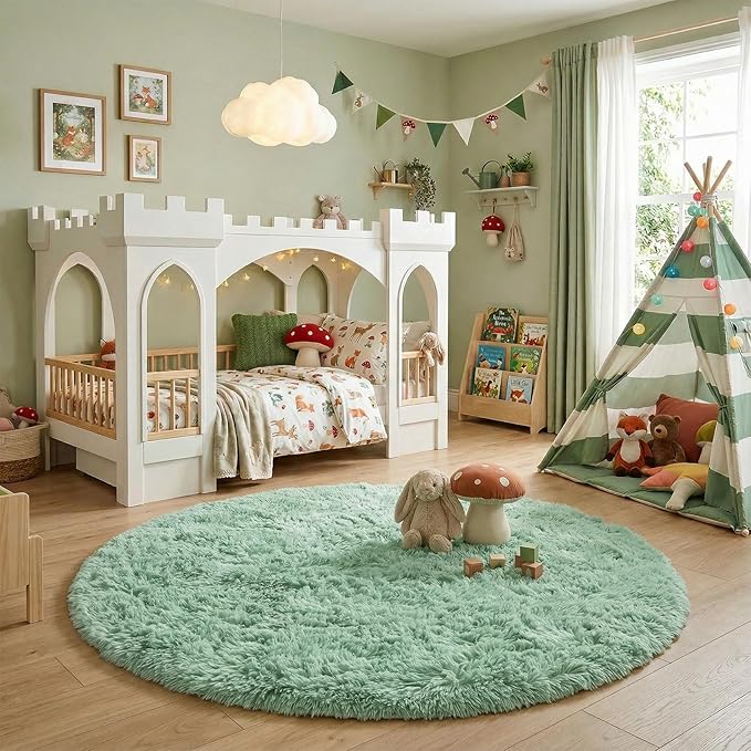 Amdrebio Sage Green Round Rug 6Ft for Living Room Bedroom, Fluffy Furry Circle Rugs for Nursery, Classroom, Baby Kids Room Decor, Cute Shaggy Area Rug for Teen Boys, Fuzzy Plush Light Mint Carpet