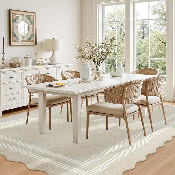 Washable 6x9 Area Rugs for Living Room, Solid Ivory Ultra-Thin Bedroom Rug Non-Slip Dining Room Rugs, Soft Scalloped Carpet for Nursery Kids Room Office