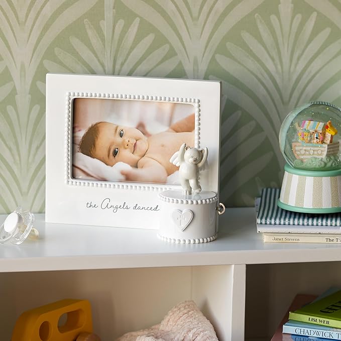 DEMDACO Musical Frames Collection Angels Danced White Beaded 8 x 7 Resin Keepsake Baby Picture Frame with Angel Bear Figurine & Trinket Box – Christening, Newborn, or Memorial Gift, Holds 4x6 Photo