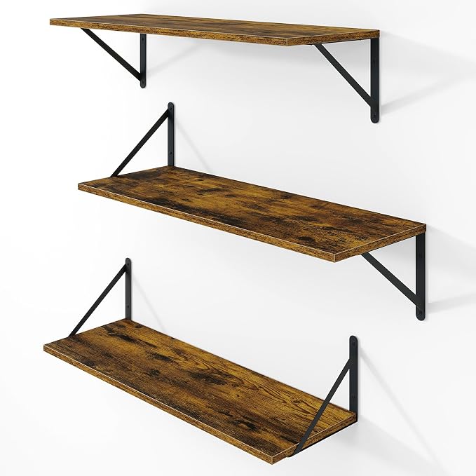 Vivelove Deep Floating Shelves for Wall, 24W x 8D Wood Wall Shelves Set of 3, Wide Floating Bookshelf for Living Room, Kitchen, Office, Bedroom and Decor Storage, with Metal Bracket - Rustic Brown