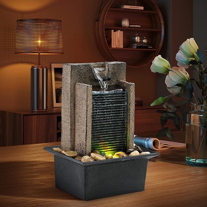 Amootek Tabletop Fountain Relaxing Tabletop Waterfall Fountain with Natural River Rocks & Color-Changing LED Lights - Indoor Zen Office/Home Decor Water Feature, 6.3"x 5.12"x 8.66"