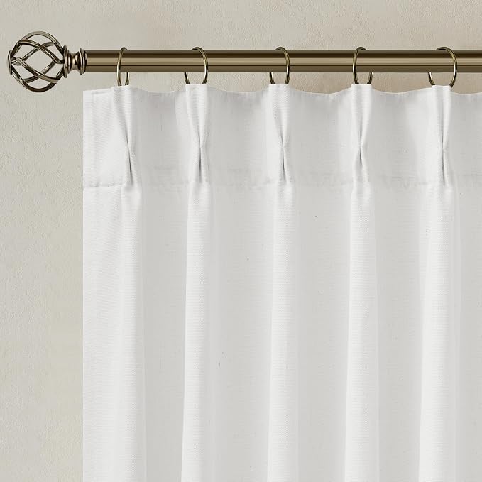 Ivory White Pinch Pleated Semi Sheer Linen Curtains 72 Inch Long | Off White, Light Filtering, Privacy, Bedroom, Bay Window, Classroom, Burlap Textured, Memory Shape, Hook Rings, Boho, Modern