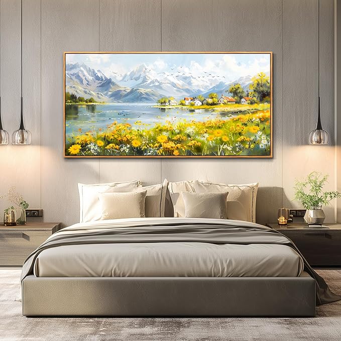 XIGUANGART Oversized Wall Art, Floral Wall Decor, Framed Wall Art, Landscape Mountain Art Prints, Spring Wildflowers Cottage Paintings for Living Room Dining Room Farmhouse Office Hotel 30"x60"