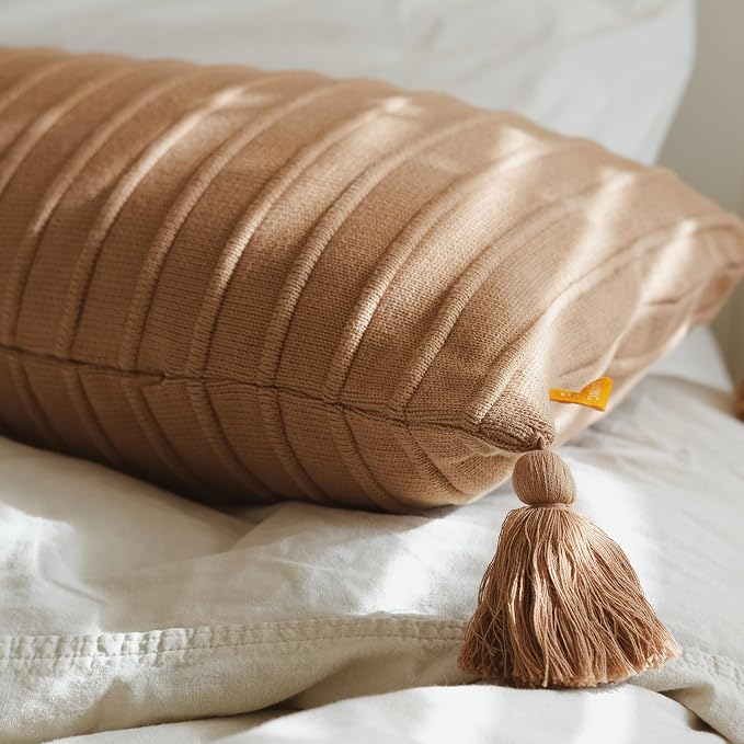 Long Knit Lumbar Pillow Cover – 14x36 Soft Ribbed Cotton with Tassels, Warm Neutral Accent for Cozy, Grounded Spaces (Mocha)