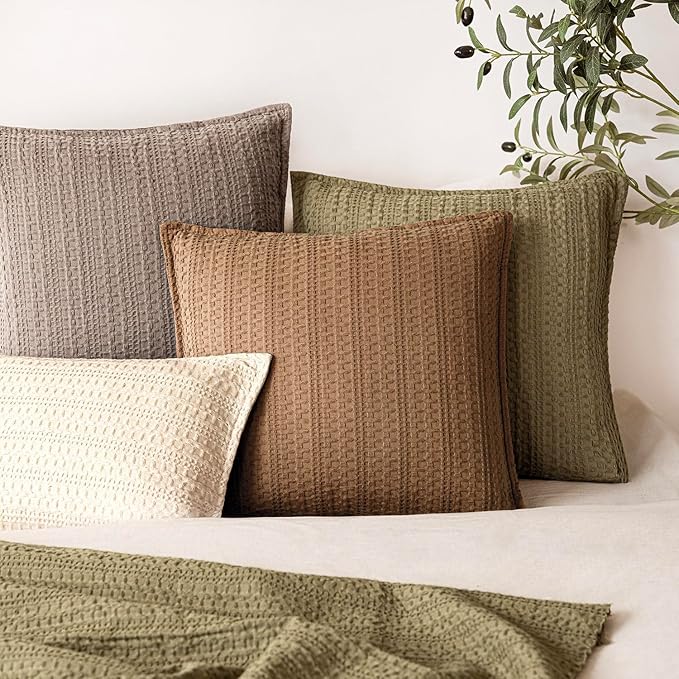 Foindtower Set of 2 Decorative Cotton Waffle Weave Throw Pillow Covers Euro Shams Cushion Covers Accent European Pillowcase for Bed Couch Sofa Bedroom Living Room Home Decor 26×26 Inch Orange Brown
