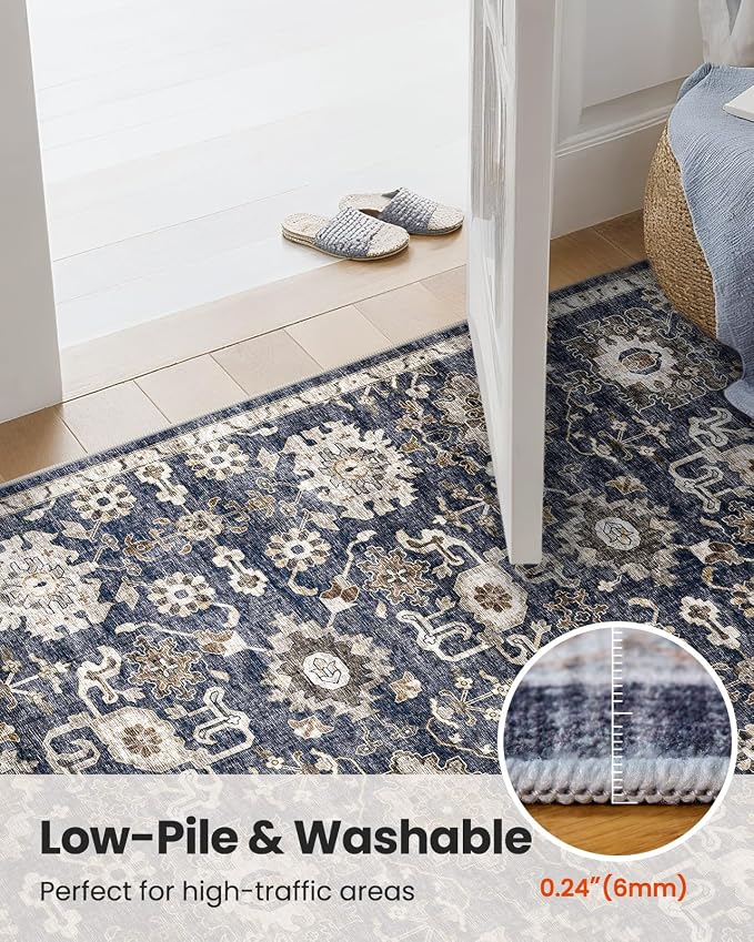 AMADA HOMEFURNISHING 2'6"x10' Washable Area Rug, Low-Profile Entryway Rug with Non-Slip Backing & Durable Edge Binding, Vintage Rug Pattern, Small Rugs for Entryway, Kitchen & Living Room