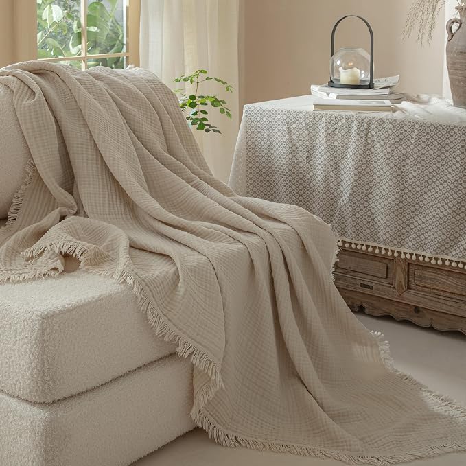 Muslin Fringe Blankets for Adults: 100% Cotton Cloud Soft | 4-Layer Gauze Breathable Lightweight All Season Throw Blanket for Bed Couch Sofa Office