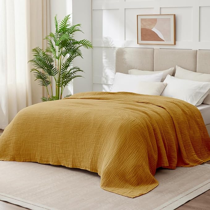 100% Cotton Muslin Blanket Twin 60" x 80", Breathable and Lightweight Cotton Twin Blankets for Couch, Soft Cooling Summer Gauze Blanket for Adults All Season, Camel