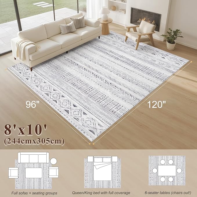 cotiled 8x10 Area Rug Living Room: Washable Boho Rugs with Non Slip Backing Large Soft Indoor Stain Resistant Carpet for Bedroom Farmhouse Dining Room Lightweight Home Decor Dark Grey