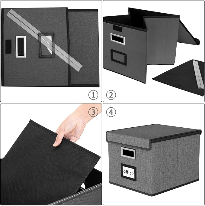 File Organizer Boxes with Lids, Linen Office Document Storage Boxes, Filing Boxes, Decorative Small File Boxes for Hanging Files with Plastic Slide for Office/Cabinet/Decor/Home