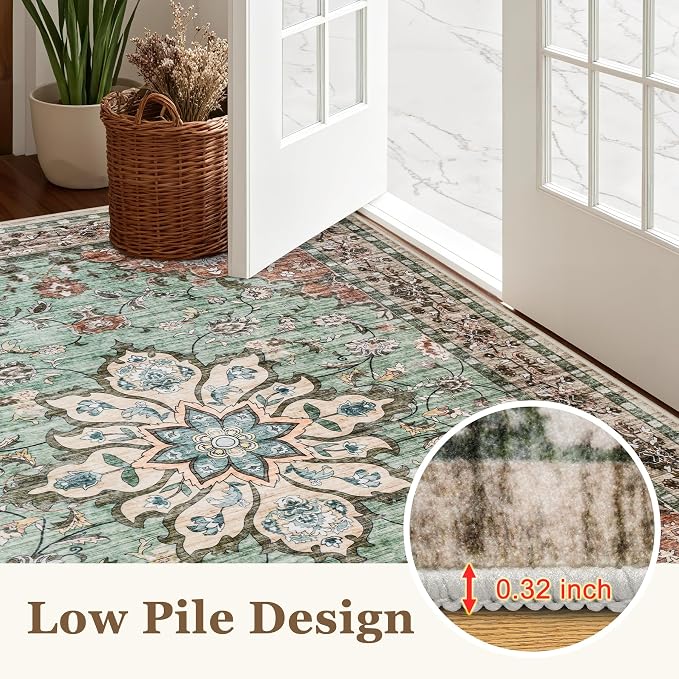 Area Rugs 10x12 Living Room Rug: Washable Rug Soft Vintage Distressed Floral Carpet Indoor Non-Slip Stain Resistant Large Carpets for Bedroom Dining Room Farmhouse Nursery Home Office Brown Green