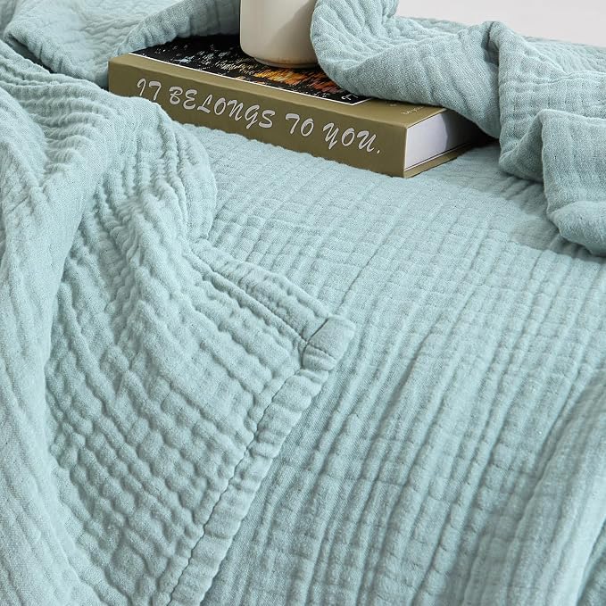 David's Home Soft Muslin Blanket Throw Size for Adults, 60% Rayon 40% Cotton, Breathable Lightweight Cooling Blanket for Hot Sleepers, 4-Layer Cozy Gauze for Bed, 50"x60", Teal Blue
