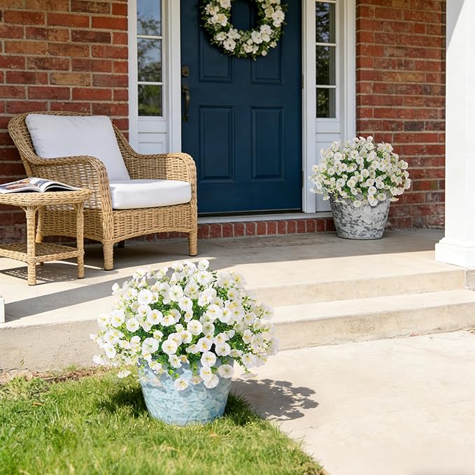 Hrobek Artificial Flowers for Outdoors, 12 Bundles Fake Plastic Petunias Flower Plant, Faux Colorful Silk Morning Glory for Outside Planter Garden Front Porch Door Spring Summer Decor,White