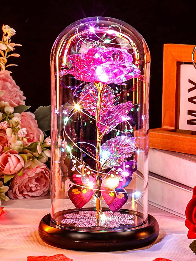 Mothers Day Mom Gifts for Mom Women Birthday Gift Galaxy Glass Rose in Glass Dome Forever Eternal Crystal Flowers with Butterfly Mother's Day Flowers Gifts for Women Wife Grandma Daughter Sister Pink