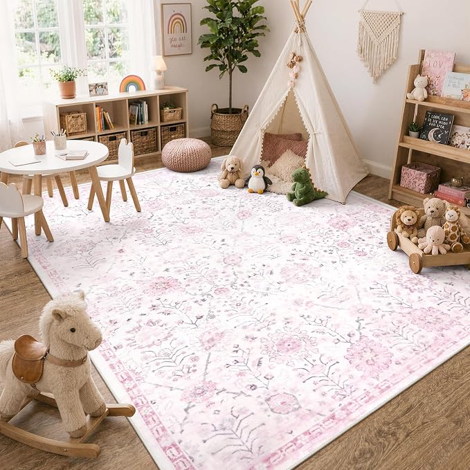 Lahome Flavie Washable Rugs 8x10, Soft Nursery Area Rug for Girls and Kids, Low Pile Boho Purple Carpet for Snug Bedroom Classroom, Spill-Proof Non Slip Floral Fresh Carpets for Living Room