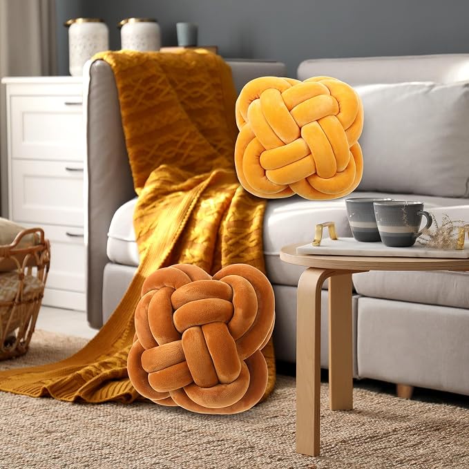 Beeveer 2 Pcs Knot Pillow Balls Set, 12 Inch Soft Decorative Throw Knot Pillow Ball, Large Square Knotted Floor Cushion for Living Room Bedroom Sofa Couch Bed Home Decoration (Caramel Brown, Turmeric)