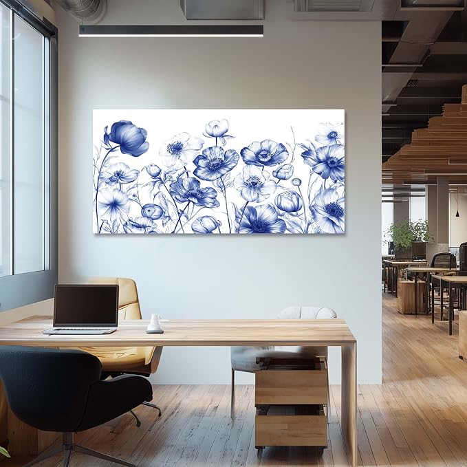 Ggaafet Navy Blue Sketch Flowers Wall Art for Living Room Canvas Oil Painting Prints Beautiful Floral Blooming Art Deco Pretty Artwork Office Bedroom Family Dining Room Decor Large