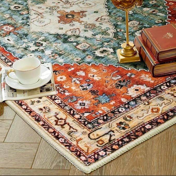 SERISSA Area Rug 3x5 Boho Tribal Rugs for Bedroom, Washable Kitchen Rugs Non-Slip, Ultra Soft Print Distressed Vintage Entry Rug Low-Pile Throw Rug Carpet for Nursery Living Room Dorm Decor