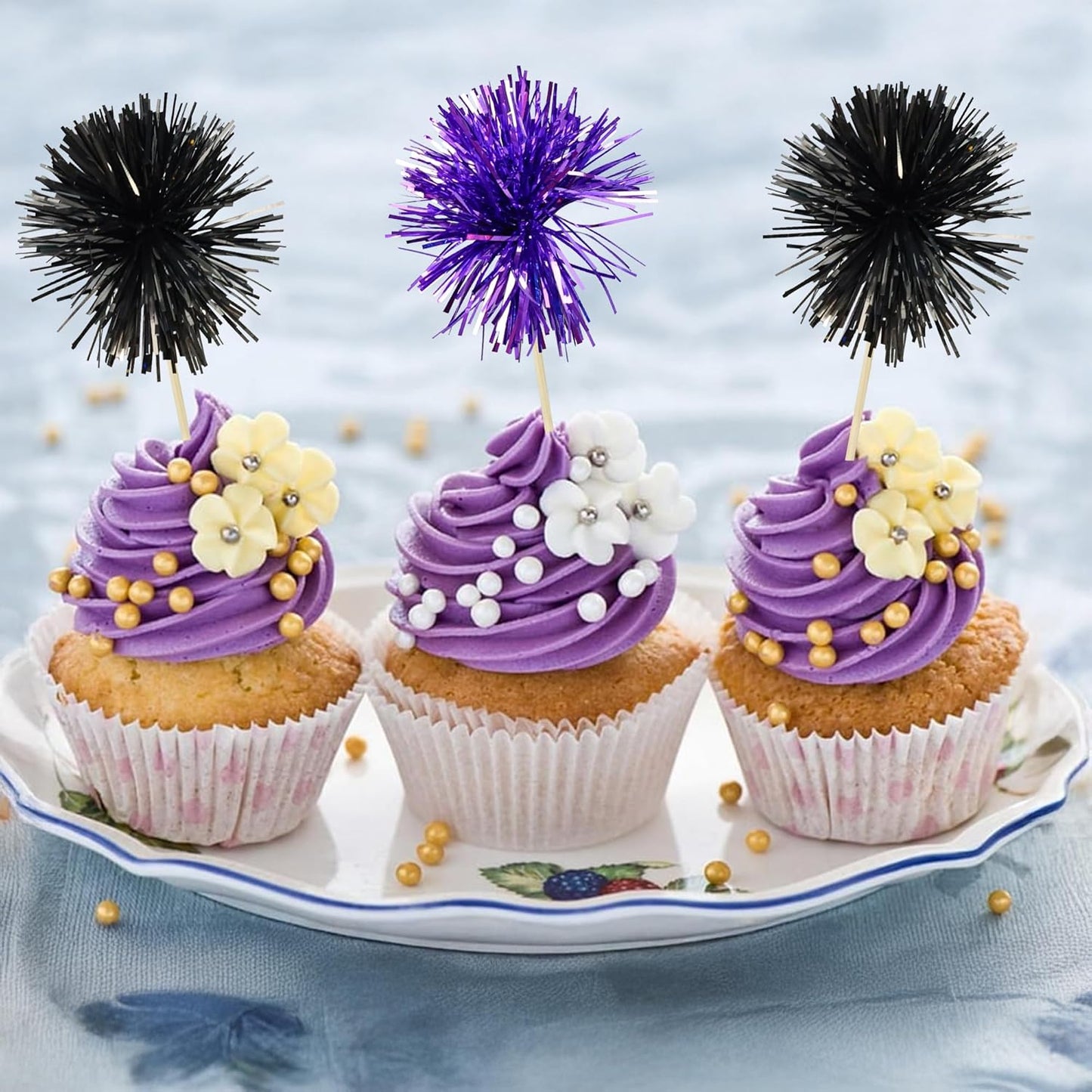 Ephlyn 30Pcs Foil Firework Cupcake Toppers Sparkle Tinsel Cupcake Picks Happy Birthday Cake Decorations Drink Stirrers Cocktail Food Toothpicks for Baby Shower Graduation Party Supplies Black Purple