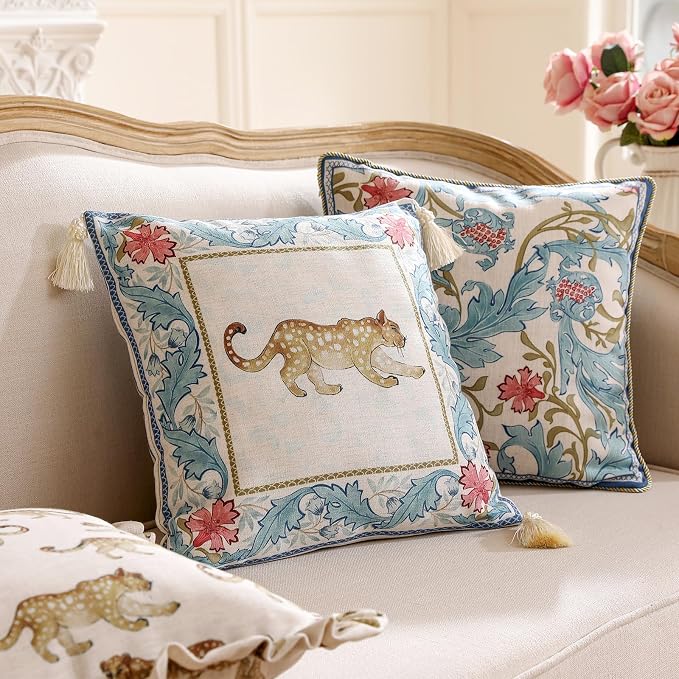 patdrea Designer Vintage Linen Throw Pillow Cover,18"x18",Set of 2-Fromm B | Elegant Decorative Pillow Case,Leopard Print with Tassel,Pillow Cover for Couch Living Room Bedroom Sofa