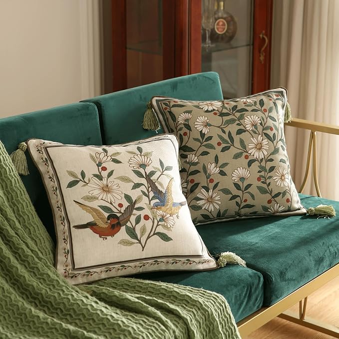 ISAENNE Designer Linen Square Throw Pillow Cover,Set of 2,18"x18"-Brune A | Vintage French Elegant Pillow Cover,Concealed Zipper Design,Floral Pattern,Sofa,Bedroom,Living Room,Lounge Chairs
