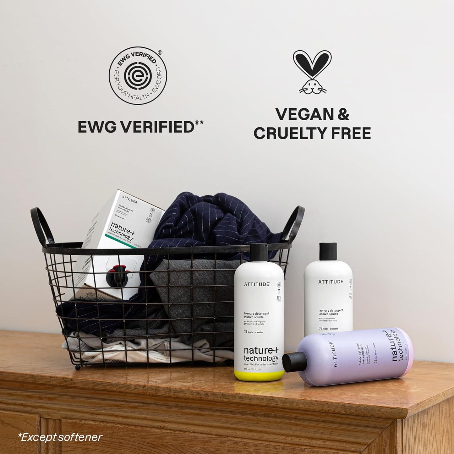 ATTITUDE Liquid Fabric Softener, Natural Origin Ingredients, For White and Colored Clothing, Deodorizes, Gentle on Delicate Skin, Lemon & Rosewood, 38 Loads, 32 Fl Oz