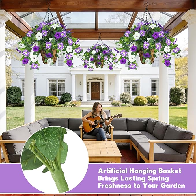 2 Pack Artificial Flowers Hanging Baskets for Outdoors, 10 PCS UV Resistant Faux Outdoor Plants, Fake Petunias Silk Flowers for Garden Balcony Yard Porch Decor (White Green Purple)