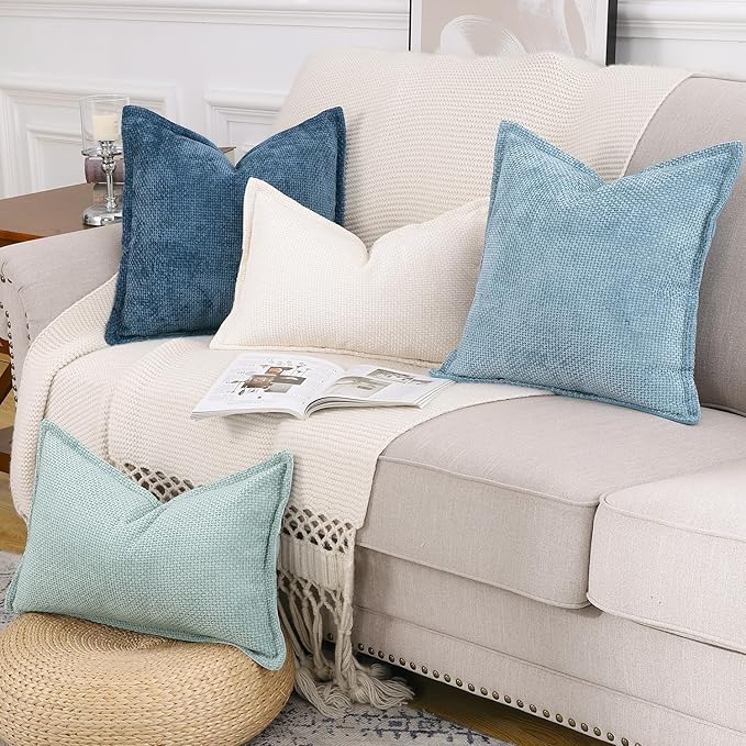 MADIZZ Decorative Chenille Velvet Throw Pillow Covers Set of 2 Soft Boho Textured Neutral Couch Throw Pillow for Bed Modern Farmhouse Home Decor for Sofa Livingroom Light Blue 16x16 Inch