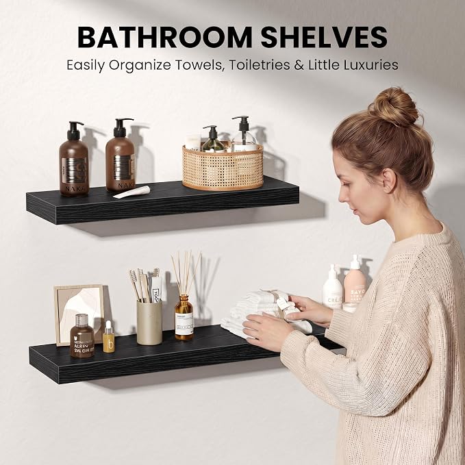 Fun Memories 36Inch Floating Shelves for Wall, 8 Inch Deep Shelves for Bathroom|Bedroom|Kitchen, Large Wall Mounted Wood Hanging Shelf with Invisible Brackets for Home Storage Decor, Black - 2 Pack