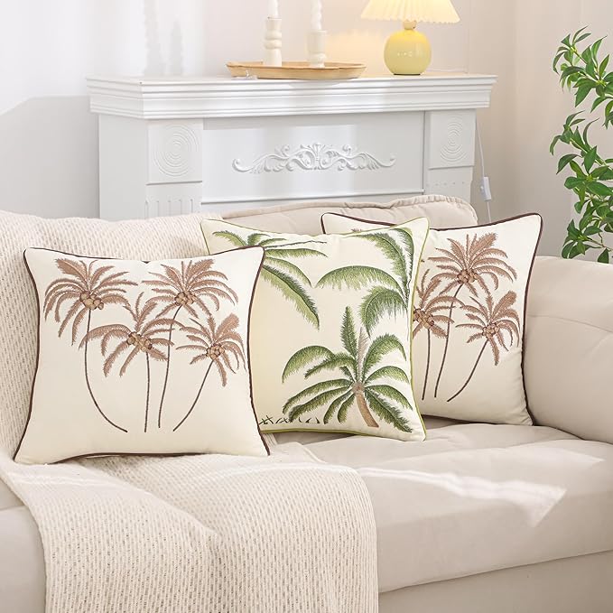 Palm Tree Decor Pillow Covers 18x18 Pack of 2 Boho Tropical Embroidered Throw Pillow Covers Summer Cushions Cases Farmhouse Square Pillowcases Spring Home Decor for Sofa Bed Living Room,Green