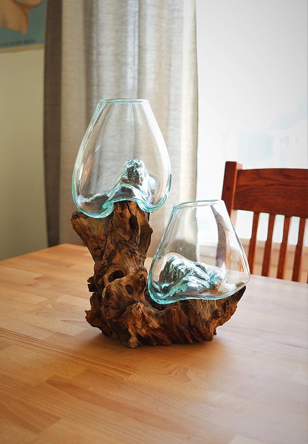 Cohasset Molten Glass | #647-30D | Double Molten Glass & Wood Sculpture | Terrarium | Fairy Garden | Approximately 12" Tall | Natural Wood and Recycled Glass |
