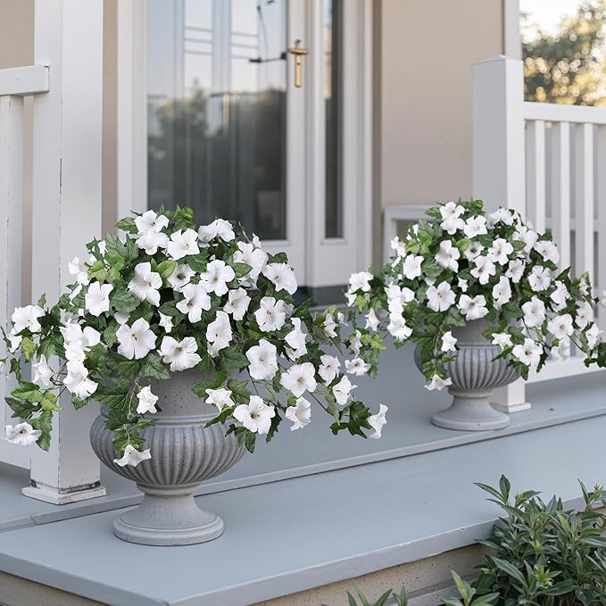 HyeFlora Artificial Flowers for Outdoors 2PCS Faux Petunias Silk Fake Flowers for Outside Planter UV Resistant Realistic Home Garden Porch Decor (White)