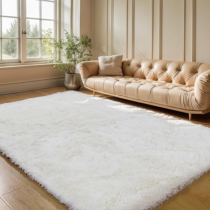 KCHOWUA Cream White Fluffy Area Rugs for Bedroom, 6x9 Machine Washable Plush Furry Fuzzy Rug for Living Room, Modern Soft Shag Shaggy Carpet for Kids Boy Girls Dorm Room Nursery,Ivory