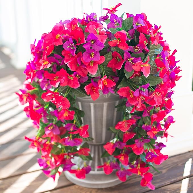 HyeFlora Bougainvillea Artificial Hanging Flowers Plants for Outdoors Decoration, 2pcs Fake Flowers Silk Bougainvillea Vines Realistic UV Resistant Faux Flowers for Outdoor Planters Porch Patio, Mix