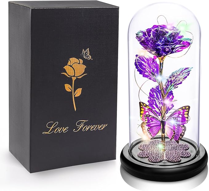 Mothers Day Mom Gifts for Mom Women Birthday Gift Galaxy Glass Rose in Glass Dome Forever Eternal Crystal Flowers with Butterfly Mother's Day Flower Gifts for Women Wife Grandma Daughter Sister Purple